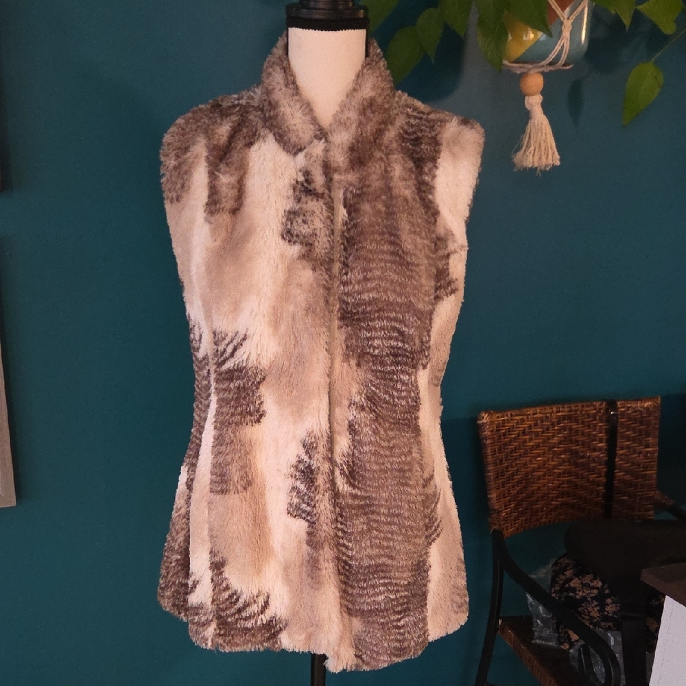 CAbi Faux Fur Vest in Brown and Cream